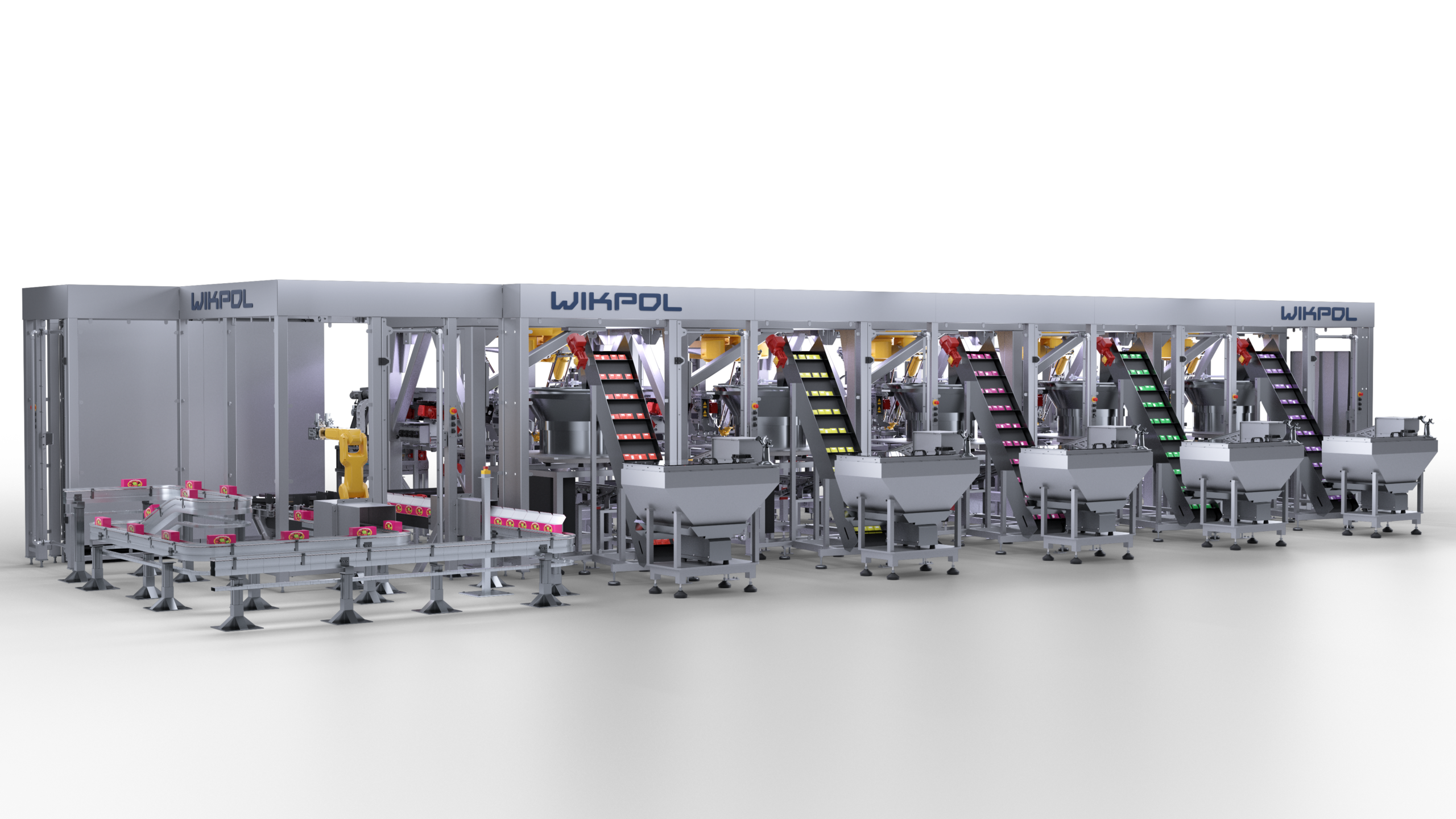 Zrobotyzowane gniazda miksowania saszetek z herbatą oraz robot pakujący gotowe zestawy herbatek w ramach automatycznej linii Wikpolu